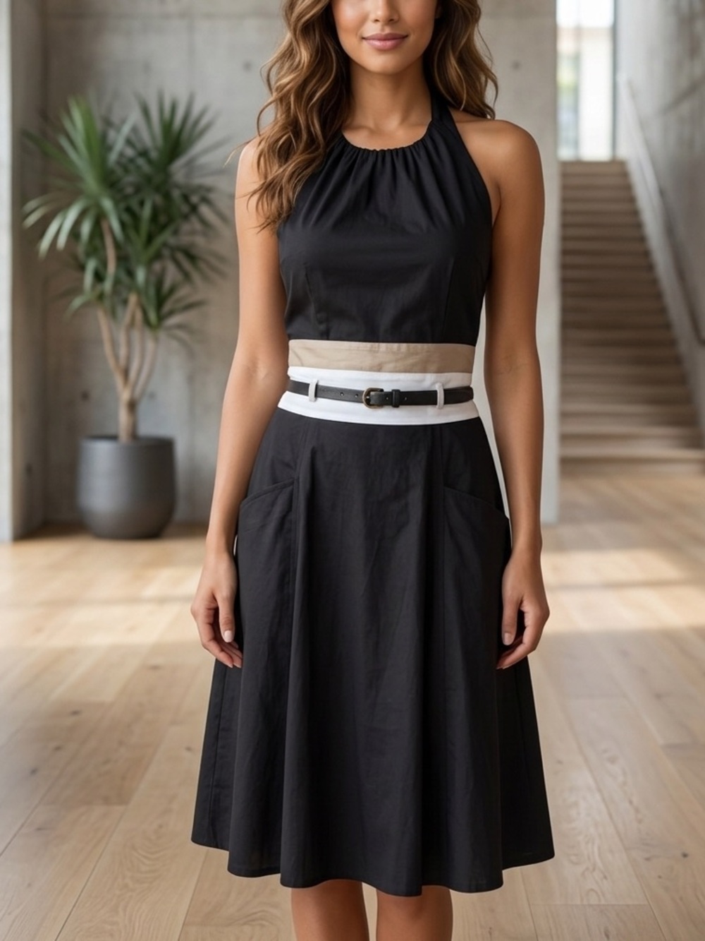 Calvin Klein Black Halter Skirt with Cream and White Waist belt size 6